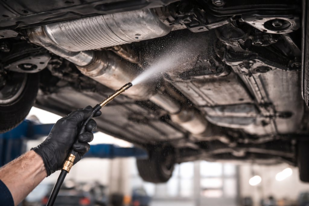 Mechanic applying rust-proofing to car header image