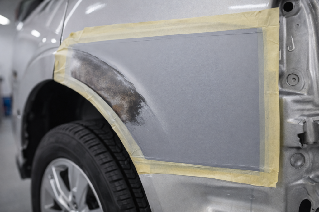 Car body panel repair in progress