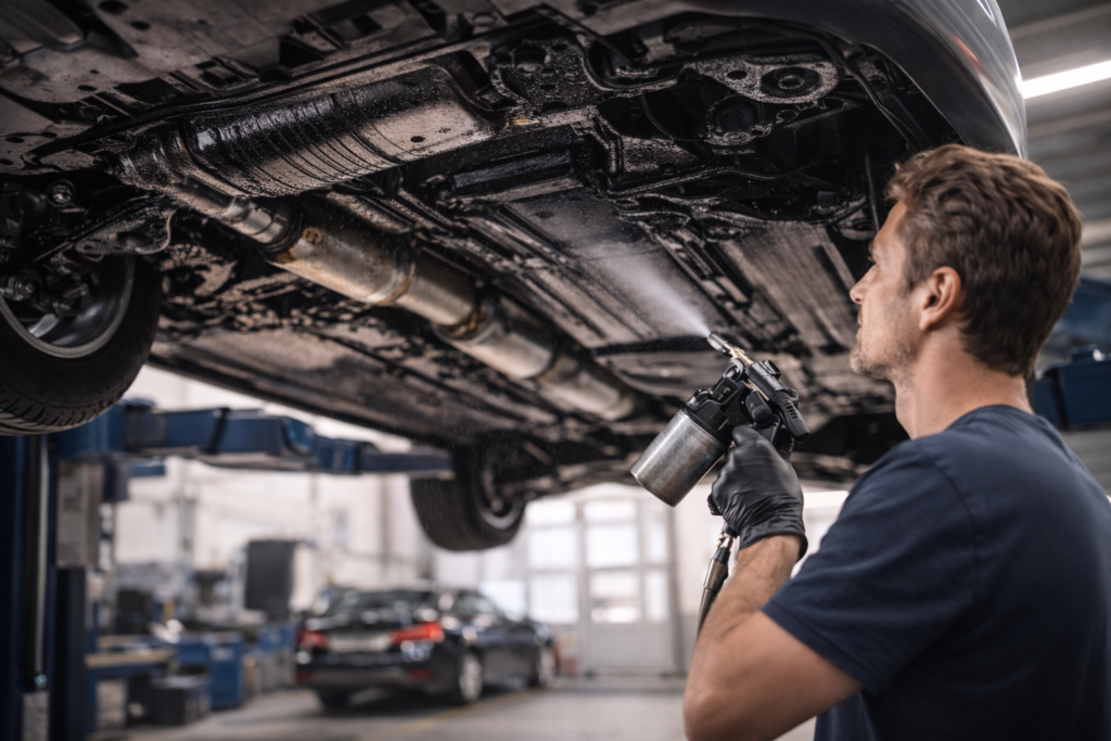 Mechanic applying rust-proof coating under vehicle