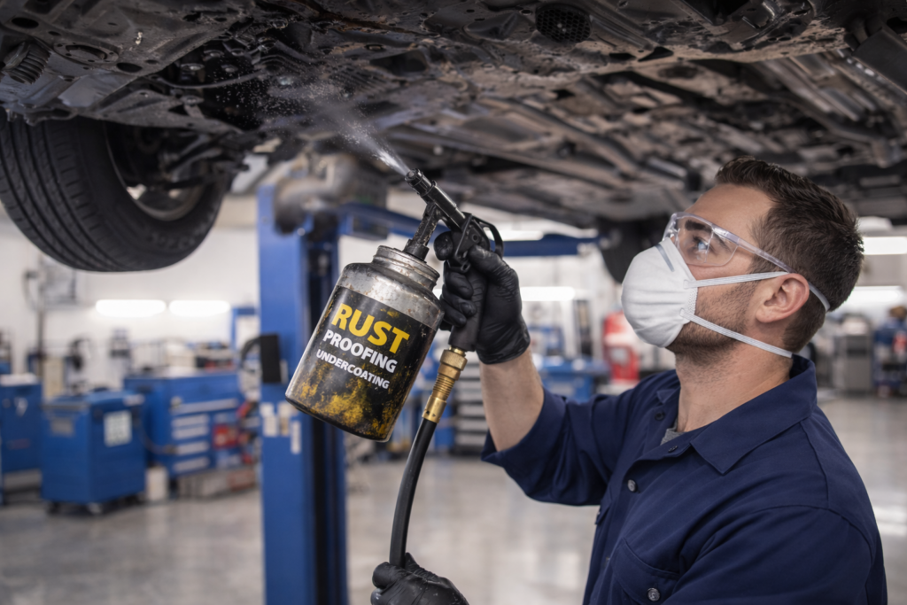 Mechanic applying rust-proofing undercarriage shield