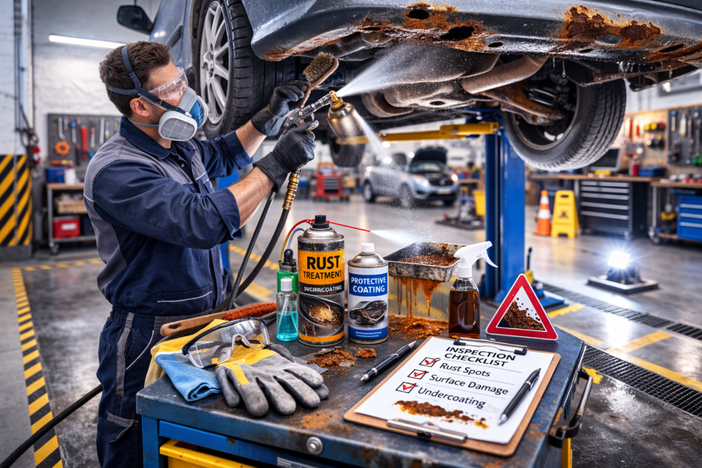 Mechanic inspecting car rust damage