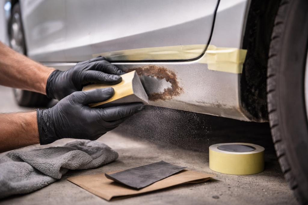 Sanding rust on a car rocker panel header image