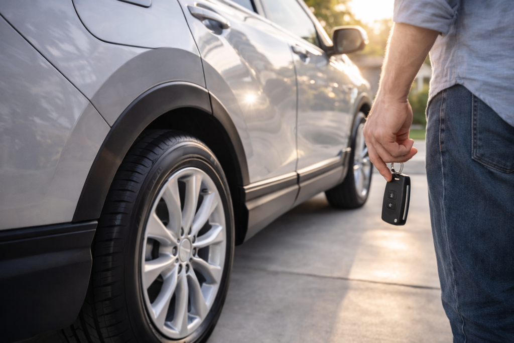 Shiny SUV and keys in sunlight