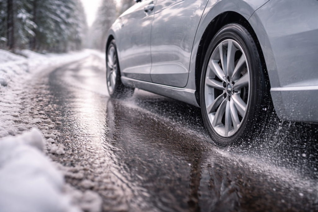 Sleek sedan on slushy winter road