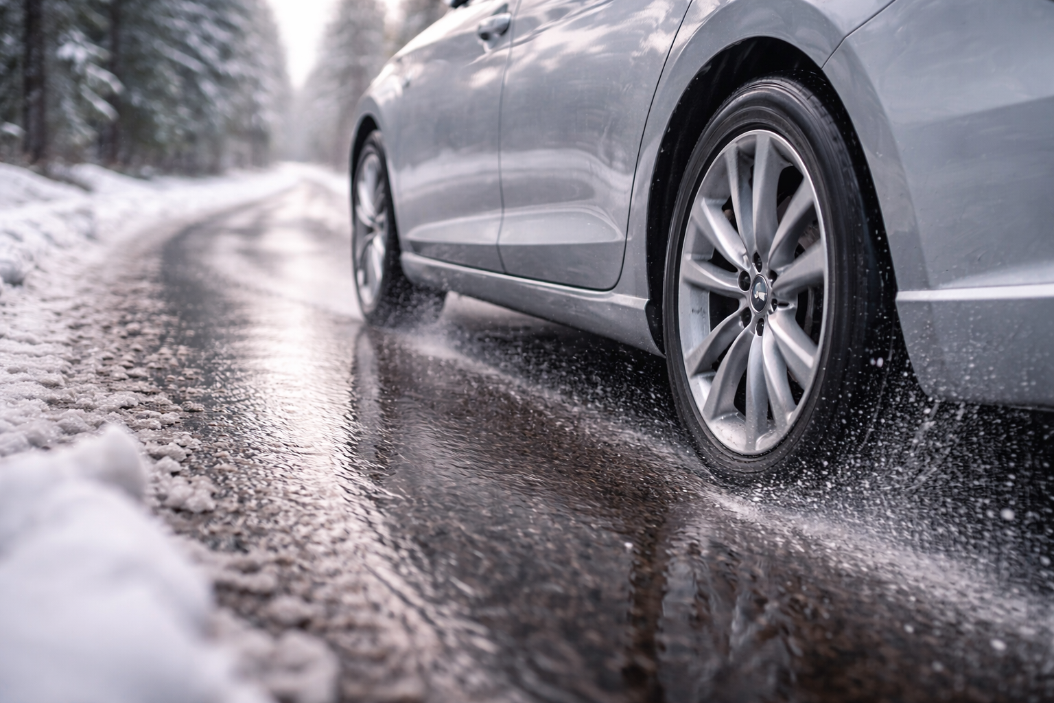 Sleek sedan on slushy winter road