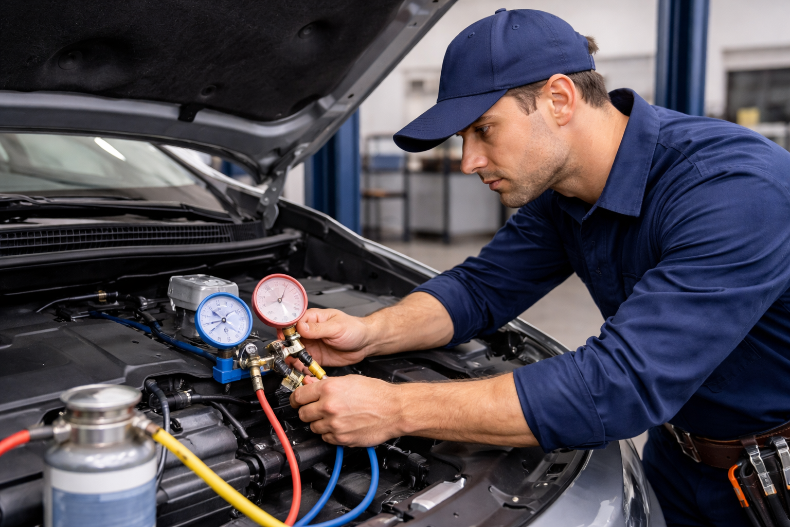 Auto technician working on car AC