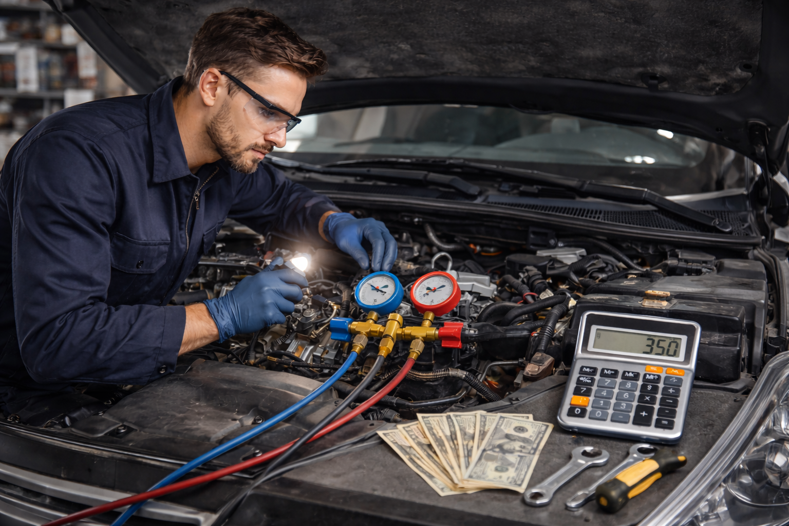 Mechanic working on car AC system with safety gears