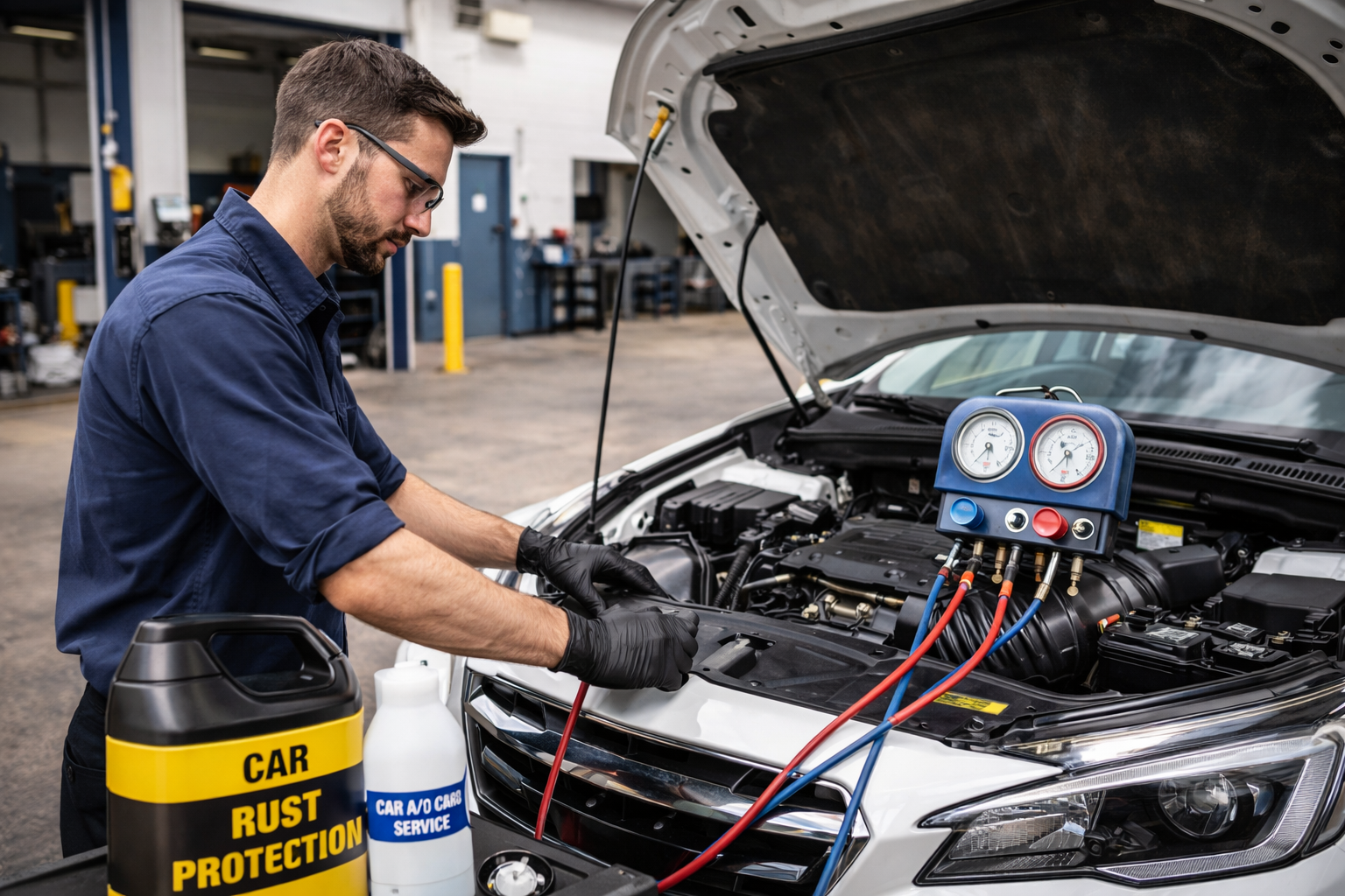 Auto technician servicing car A:C system