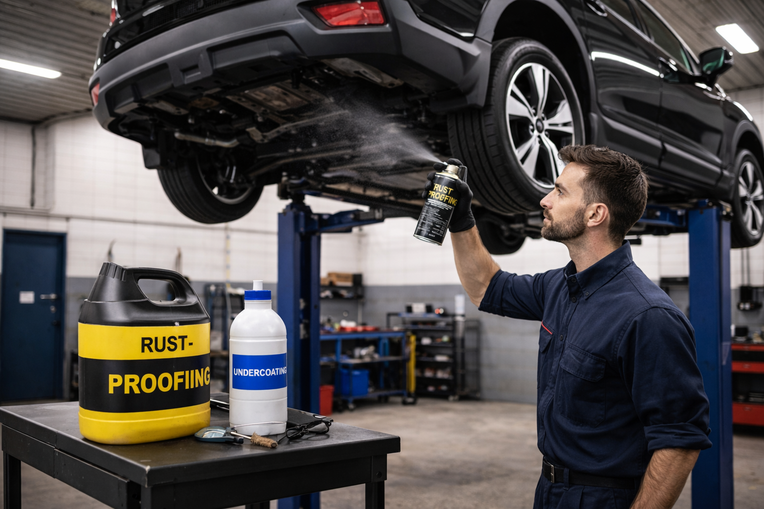 Mechanic applying rust-proofing to vehicle