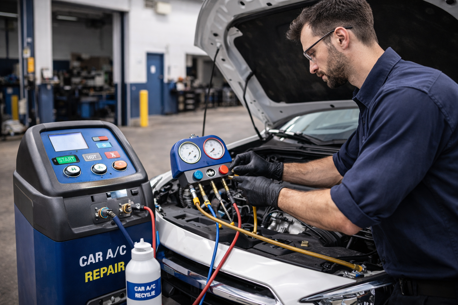 Mechanic servicing car AC system