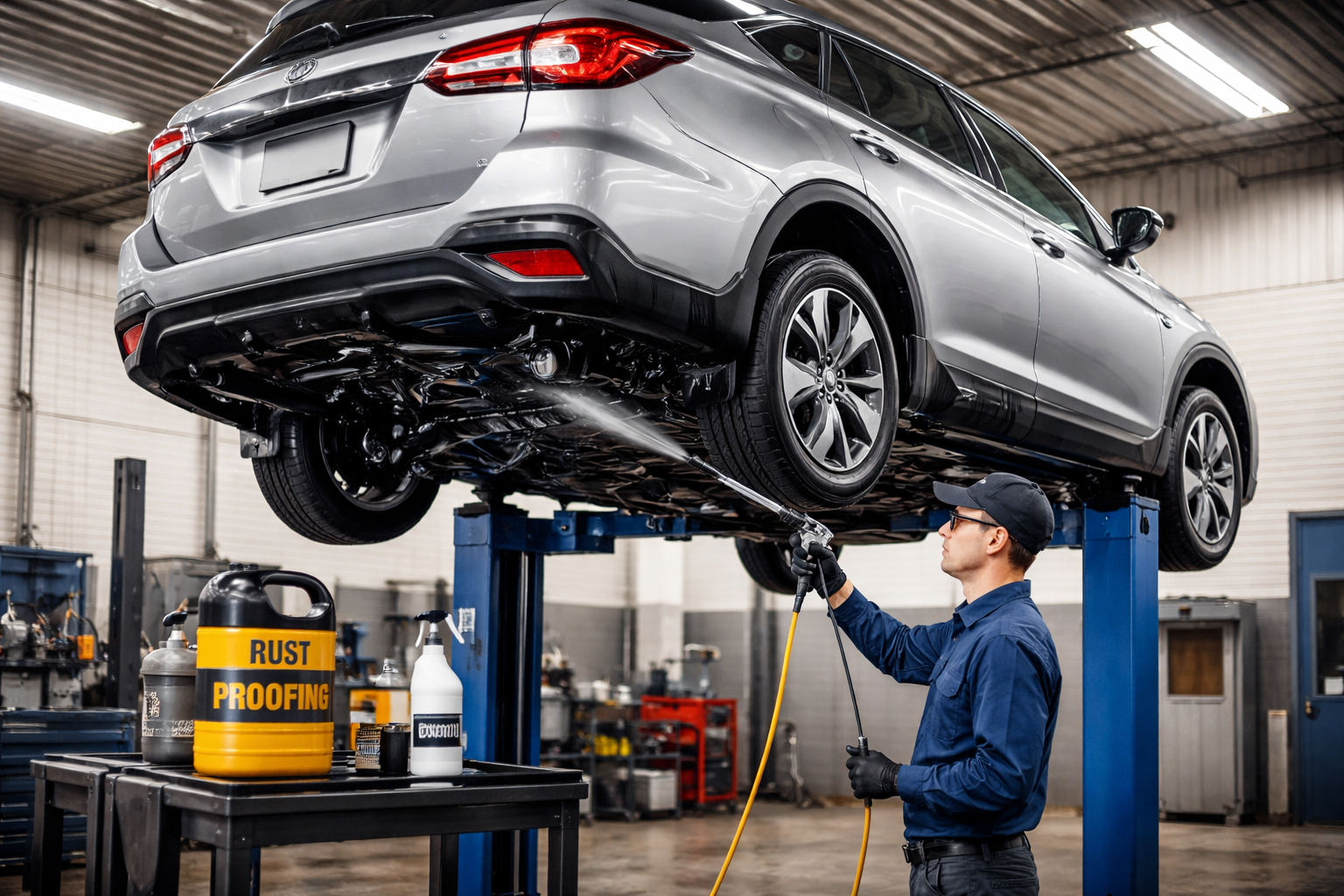 Technician applying rust-proofing treatment