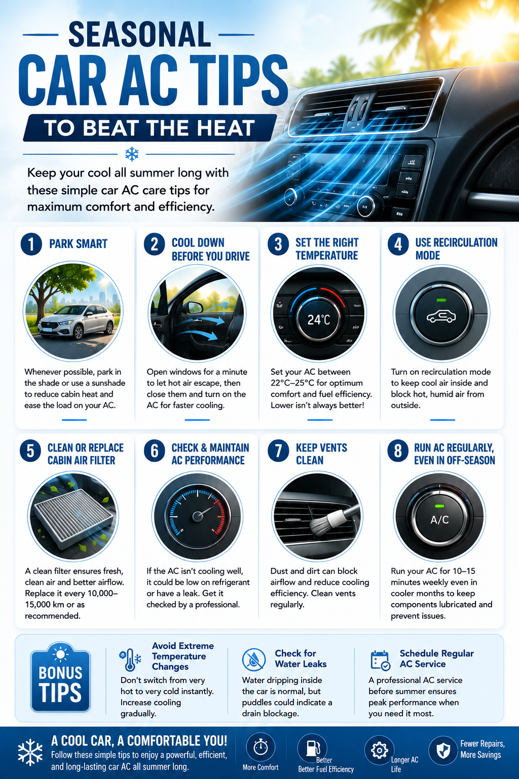 Car AC tips for summer comfort infographic
