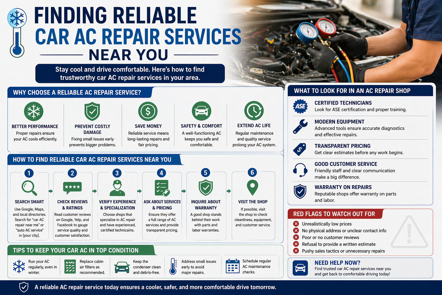 Finding reliable car AC repairs near you infographic