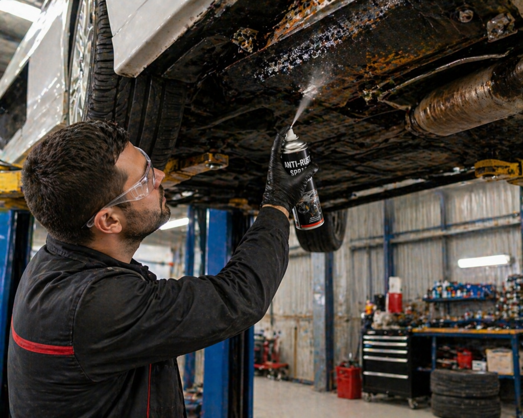 Mechanic applying anti-rust spray