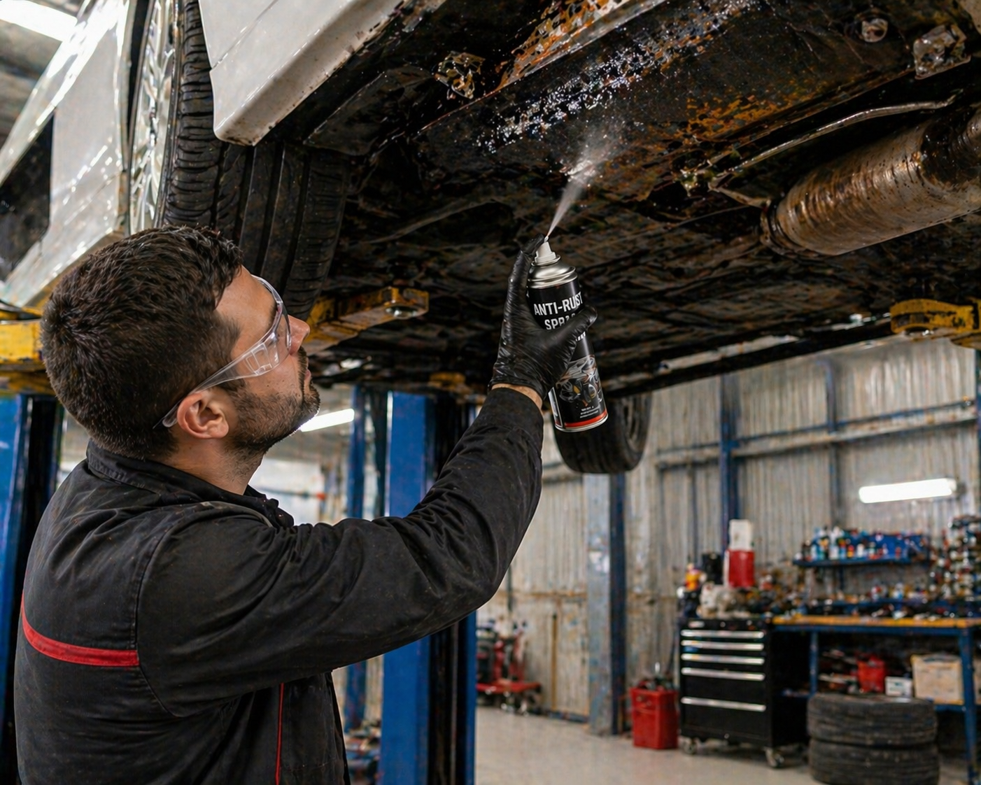 Mechanic applying anti-rust spray