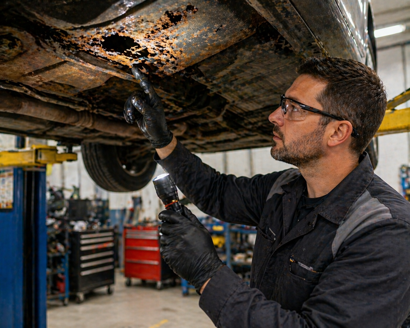 Mechanic inspects rusted car undercarriage blog image