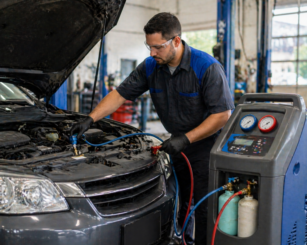 Mechanic servicing car A:C system